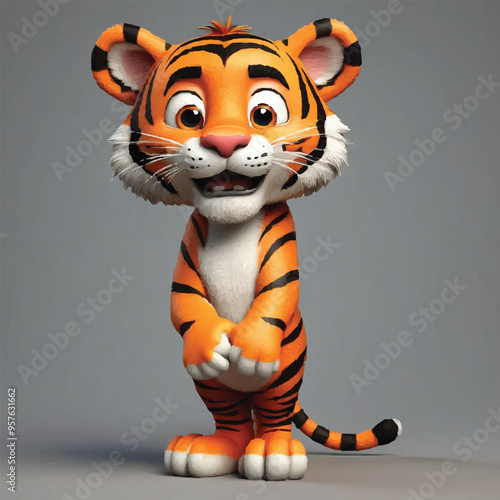 Funny little tiger character in different poses isolated on white background. Vector set of cartoon cute kitten sleeps, walking, peeking and greeting. tiger cartoon mascot with good hand vector.