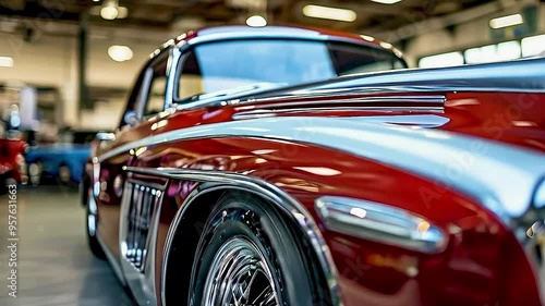 a classic car in a garage