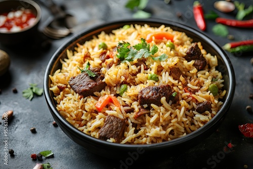 Tasty and aromatic mutton or lamb biriyani with basmati rice