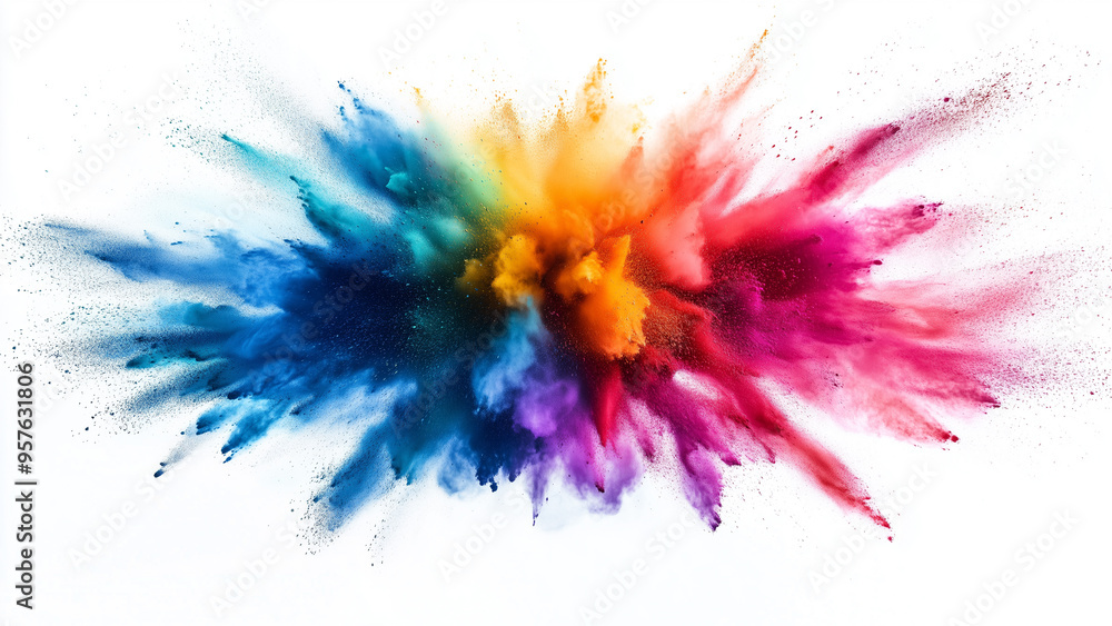 Vibrant explosion of colorful powder on a white background, ideal for artistic and creative projects. Vibrant explosion of colorful powder on a white background, ideal for artistic and creative projects.