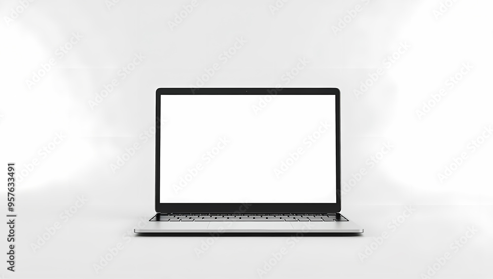 High-resolution laptop with blank screen on white backdrop High-resolution laptop with blank screen on white backdrop