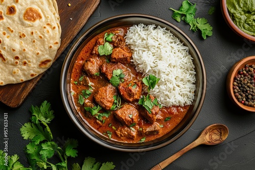 Traditional indian curry with tender meat, accompanied by basmati rice and paratha. A perfect blend of spices and textures