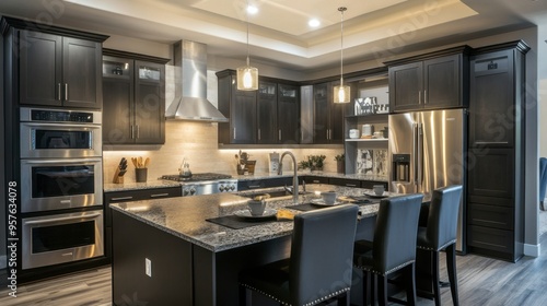 A modern kitchen with dark cabinets, stainless steel appliances, and a large island, designed for stylish cooking.