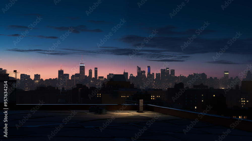 Distant View Of City Skyline At Twilight From Rooftop Distant View Of City Skyline At Twilight From Rooftop
