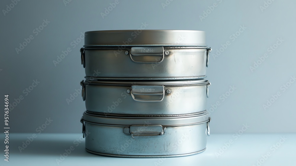 Stacked Silver Round Metal Containers with Handles Stacked Silver Round Metal Containers with Handles