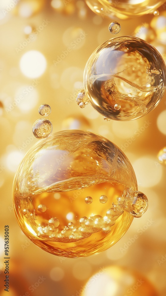Golden bubbles floating in a luminous background, capturing the essence of light and texture in a close-up view Golden bubbles floating in a luminous background, capturing the essence of light and texture in a close-up view