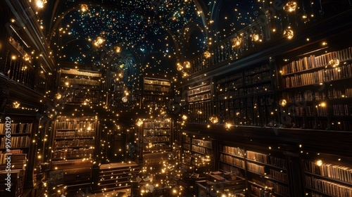 Enchanting Library with Glowing Lights and Bookshelves