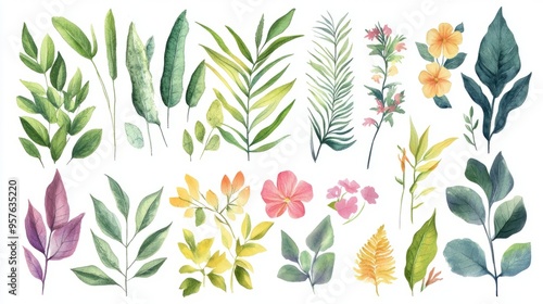 Mughal Garden Watercolor Elements: Beautiful Floral Illustrations on White Background