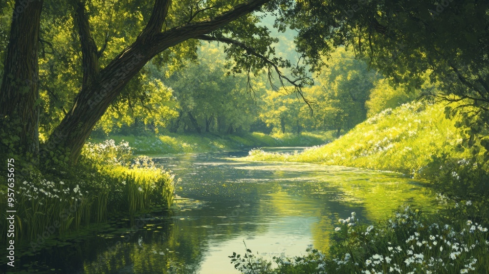 Fototapeta premium A tranquil river flowing gently through a lush green valley, with overhanging branches and wildflowers along the banks, reflecting the calmness of a summer's day.