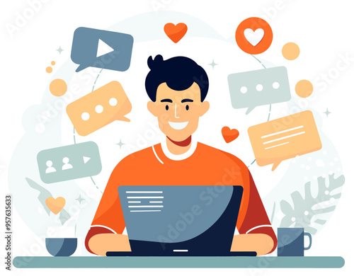 Professional community manager working. Colorful minimalist illustration