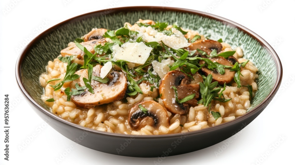 A vibrant bowl of risotto with mushrooms and Parmesan, garnished with fresh herbs, set against a plain white background to showcase the dish's rich textures and flavors A vibrant bowl of risotto with mushrooms and Parmesan, garnished with fresh herbs, set against a plain white background to showcase the dish's rich textures and flavors