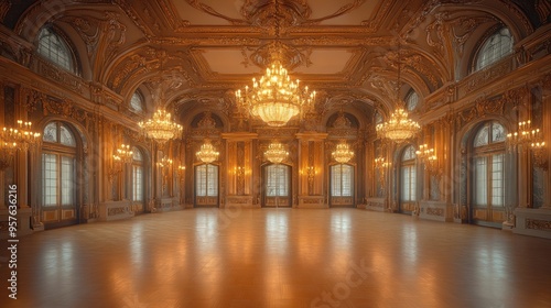 Grand Ballroom with Golden Decor and Chandeliers