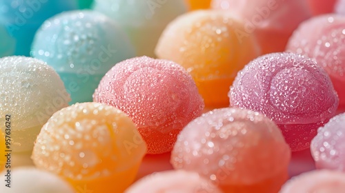 A close-up of colorful sugar-coated gumdrops in pastel shades, capturing their sparkling texture. Ideal for themes related to candy, sweets, desserts, or confectionery design. photo