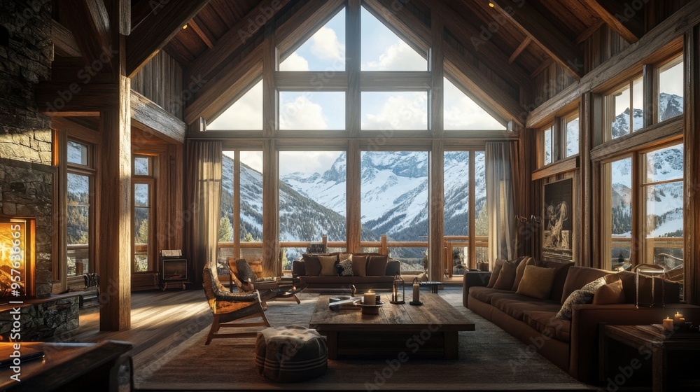 A scenic mountain lodge with rustic wooden beams, large windows, and a cozy, inviting atmosphere. A scenic mountain lodge with rustic wooden beams, large windows, and a cozy, inviting atmosphere.