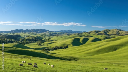 A scenic view of rolling green hills, dotted with grazing sheep and framed by a clear blue sky.