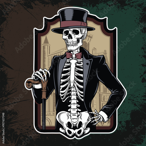 gentleman skeleton wearing suit and top hat