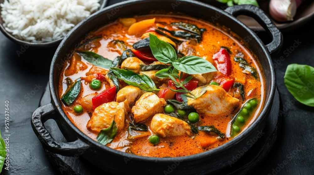 A vibrant pot of Thai curry with colorful vegetables and chicken, garnished with fresh herbs and served with a side of rice, highlighting the rich and spicy flavors. A vibrant pot of Thai curry with colorful vegetables and chicken, garnished with fresh herbs and served with a side of rice, highlighting the rich and spicy flavors.