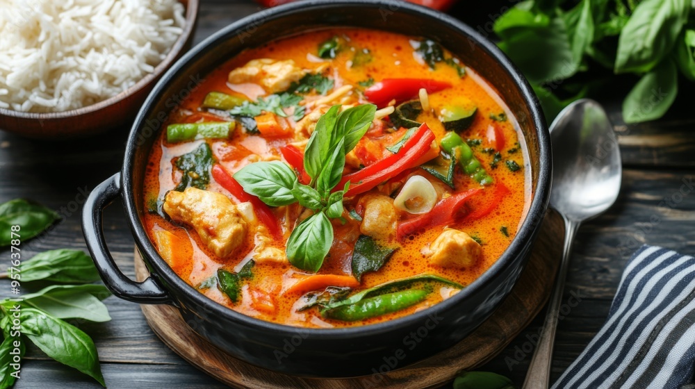 A vibrant pot of Thai curry with colorful vegetables and chicken, garnished with fresh herbs and served with a side of rice, highlighting the rich and spicy flavors. A vibrant pot of Thai curry with colorful vegetables and chicken, garnished with fresh herbs and served with a side of rice, highlighting the rich and spicy flavors.