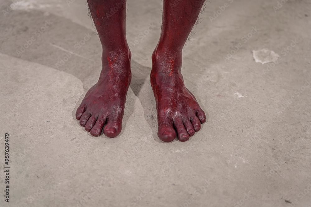 Dirty and horrifying red zombie feet displayed on white studio background. The gruesome Halloween-themed image emphasizes fear and shock, capturing the grotesque and unsettling nature of the undead. Dirty and horrifying red zombie feet displayed on white studio background. The gruesome Halloween-themed image emphasizes fear and shock, capturing the grotesque and unsettling nature of the undead.