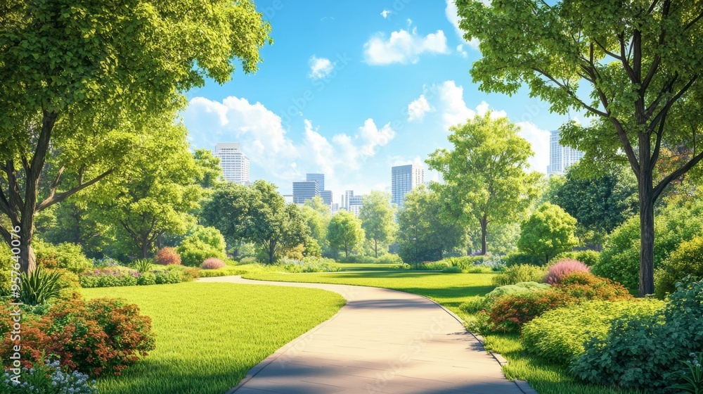 Fototapeta premium A vibrant green city park with manicured lawns, trees, and a walking path, providing a tranquil urban escape.