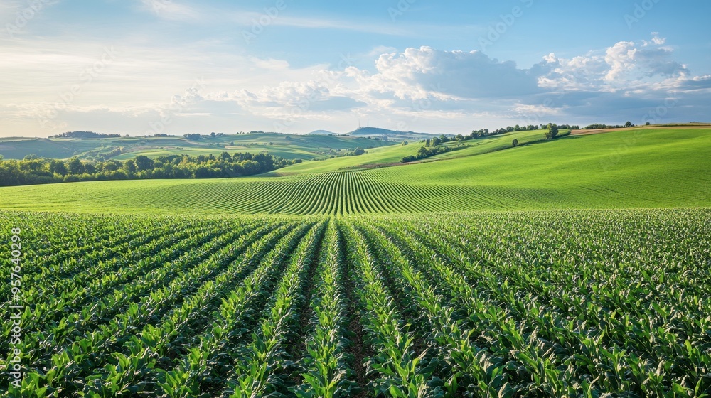 A vibrant green field of crops ready for harvest, with a clear sky and distant rolling hills in the background. A vibrant green field of crops ready for harvest, with a clear sky and distant rolling hills in the background.