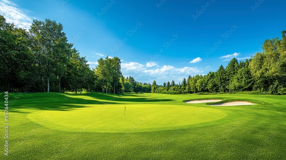 A vibrant green golf course with neatly trimmed fairways, sand traps, and a clear blue sky overhead. A vibrant green golf course with neatly trimmed fairways, sand traps, and a clear blue sky overhead.