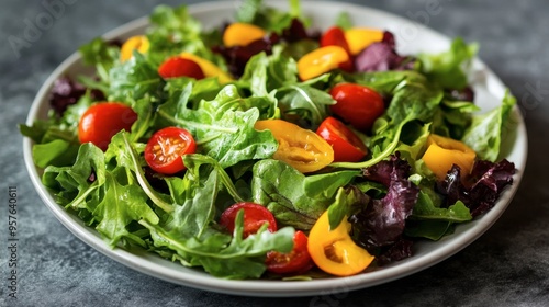 Wallpaper Mural A vibrant green salad with mixed greens, cherry tomatoes, bell peppers, and a light vinaigrette dressing. Torontodigital.ca