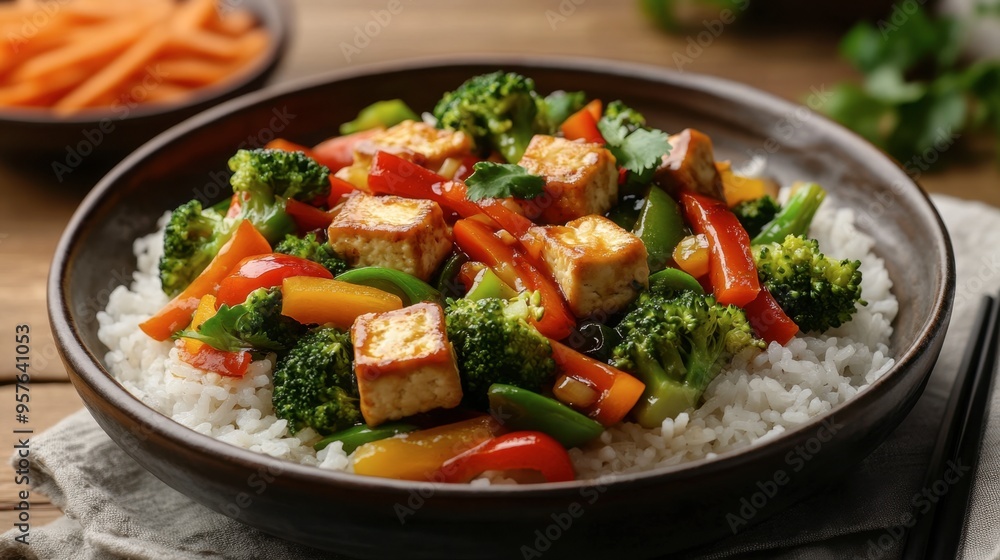 A vibrant vegetable stir-fry with bell peppers, broccoli, carrots, and tofu, served over a bed of steamed rice. A vibrant vegetable stir-fry with bell peppers, broccoli, carrots, and tofu, served over a bed of steamed rice.