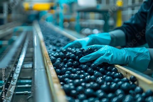 The image displays a food processing facility where workers wearing protective gloves are sorting fresh blueberries on a conveyor belt, highlighting food safety, quality control, and efficient food photo