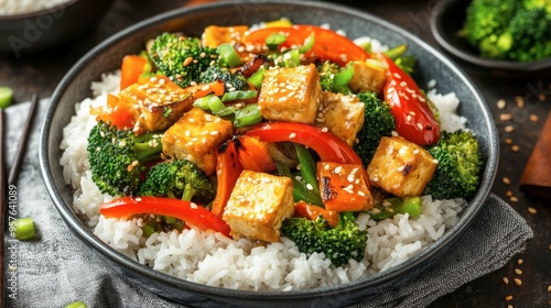 A vibrant vegetable stir-fry with bell peppers, broccoli, carrots, and tofu, served over a bed of steamed rice.