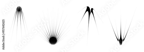 Black thin spiky element set. Abstract sharp thorn shapes and angular twinkles bundle. Futuristic spoke objects for poster design, collage, banner, badge, logo, card, icon, label, sticker. Vector