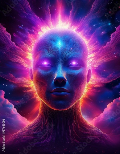 neon cosmic space entity with glowing eyes portrait