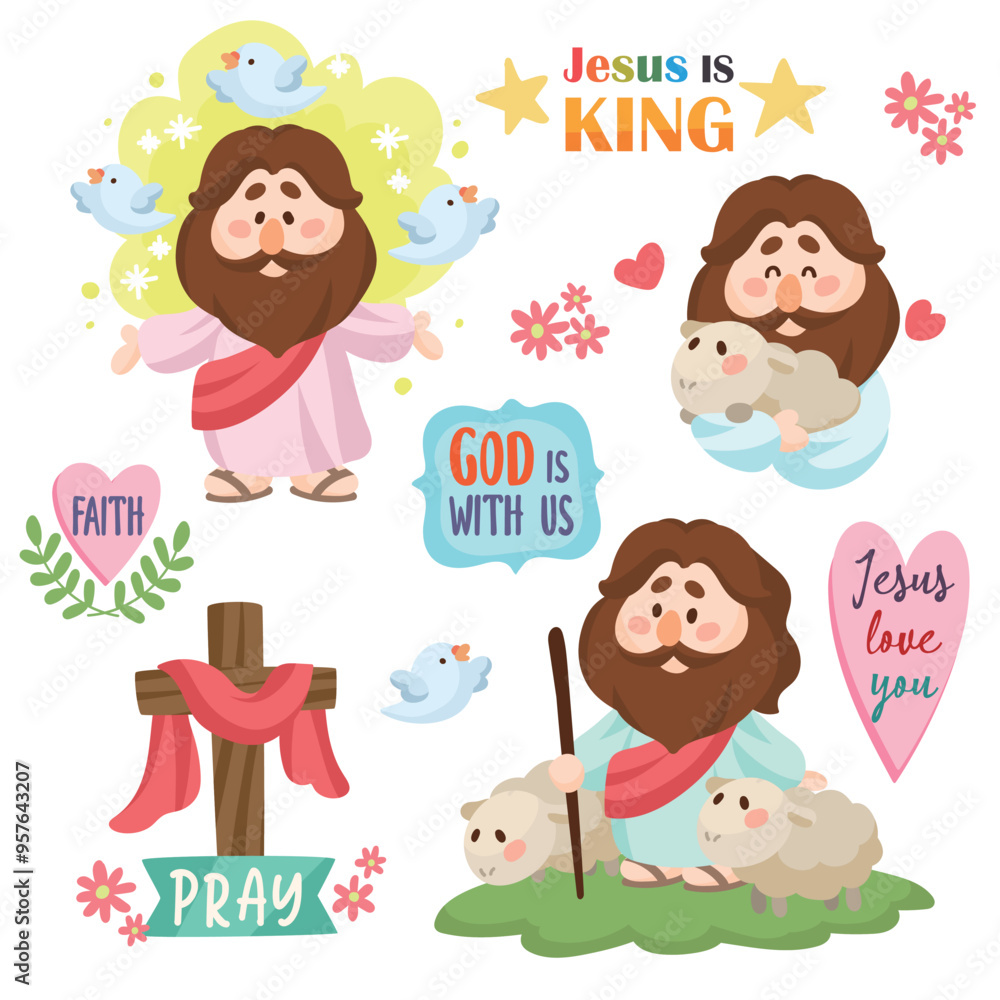Fototapeta premium Cartoon Jesus Illustration Jesus Christ and Lamb Christianity and Catholicism Clip Art