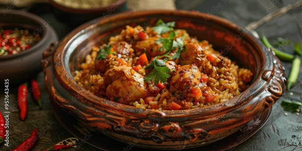 Delicious Peruvian Arroz con Pollo A beloved dish combining chicken and rice with a harmonious mix of spices and herbs cherished as a comforting favorite in Peru Delicious Peruvian Arroz con Pollo A beloved dish combining chicken and rice with a harmonious mix of spices and herbs cherished as a comforting favorite in Peru