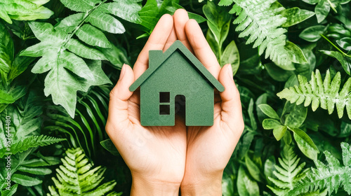 Eco-Conscious Living: Hands cradle a miniature green home amidst lush foliage, symbolizing environmental protection and sustainable housing solutions.