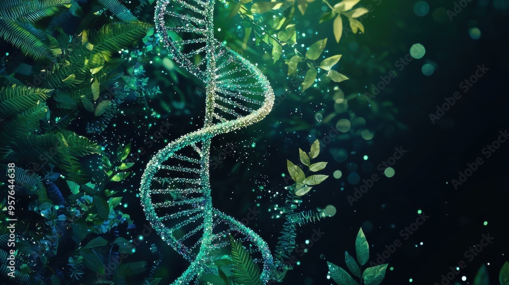 A captivating spiral DNA strand surrounded by lush greenery, symbolizing life and nature's intricate designs. A captivating spiral DNA strand surrounded by lush greenery, symbolizing life and nature's intricate designs.