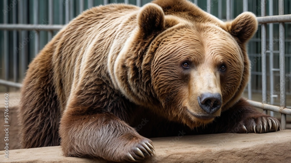 Obraz premium a brown bear in a zoo, feeling sad for being locked in a cage