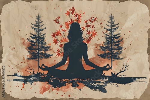 An artistic silhouette of a woman meditating surrounded by nature-inspired elements, including trees and autumn leaves, with earthy tones and watercolor effects. Perfect for mindfulness, wellness