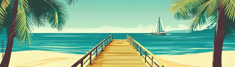 A serene beach view featuring a wooden pier, palm trees, and a peaceful ocean with a sailboat. Perfect for vacation themes. A serene beach view featuring a wooden pier, palm trees, and a peaceful ocean with a sailboat. Perfect for vacation themes.