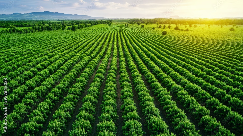 A beautiful aerial view of a lush green agricultural field with perfectly aligned rows of crops under a bright, sunny sky. A beautiful aerial view of a lush green agricultural field with perfectly aligned rows of crops under a bright, sunny sky.