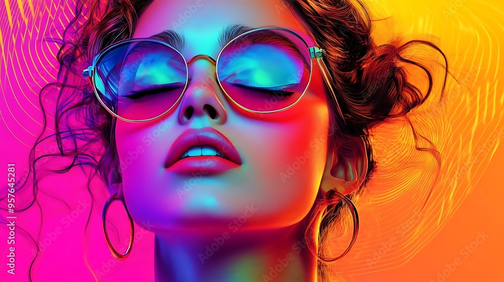 Woman With Closed Eyes In Sunglasses And Hoop Earrings - Illustration Woman With Closed Eyes In Sunglasses And Hoop Earrings - Illustration