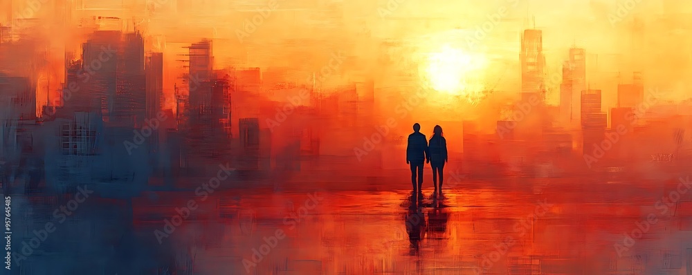 Silhouettes of a Couple Against a Sunset Cityscape Illustration Silhouettes of a Couple Against a Sunset Cityscape Illustration