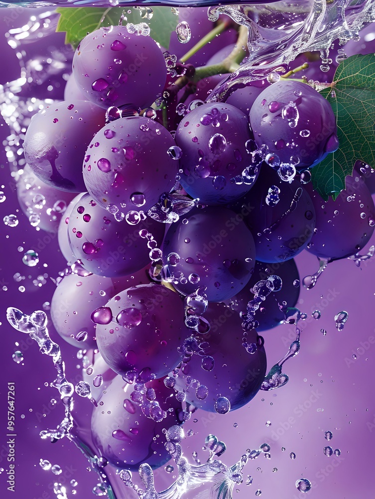 A refreshing close-up of a bunch of purple grapes splashing in water, with droplets and bubbles highlighting their freshness. Ideal for food, beverages, and fruit-themed designs.
A refreshing close-up of a bunch of purple grapes splashing in water, with droplets and bubbles highlighting their freshness. Ideal for food, beverages, and fruit-themed designs.