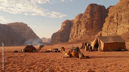 Desert Oasis with Camels and Tents photo