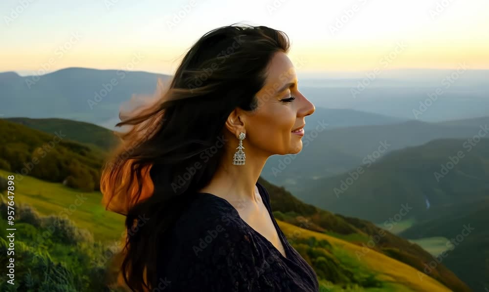 Russian Woman Enjoying Scenic View on a Hillside Russian Woman Enjoying Scenic View on a Hillside