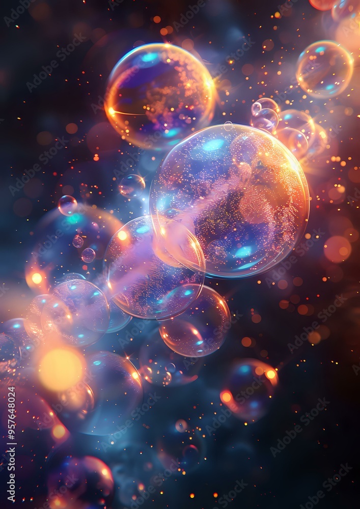 A mesmerizing display of iridescent bubbles glowing with warm and cool hues, floating in a dreamy, cosmic-like background. Ideal for fantasy, abstract, and magical-themed designs. A mesmerizing display of iridescent bubbles glowing with warm and cool hues, floating in a dreamy, cosmic-like background. Ideal for fantasy, abstract, and magical-themed designs.