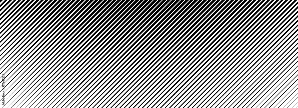 Slant line halftone gradation texture. Fading diagonal stripe gradient background. Vector oblique pattern backdrop. Black thin parallel line vanish wallpaper for overlay, print, cover, graphic design