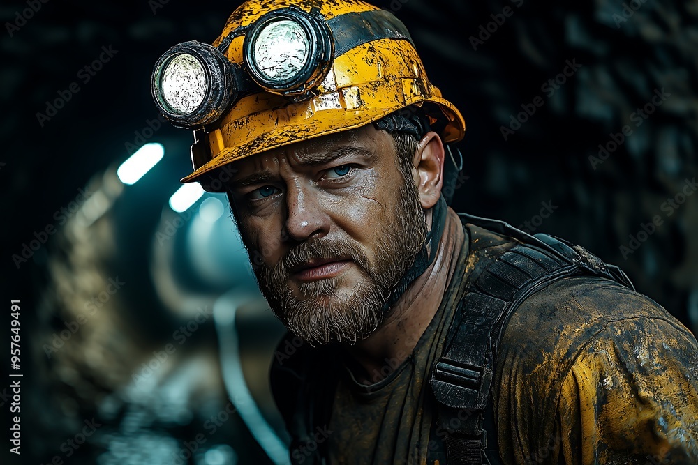 Dirty miner with headlamp in underground tunnel, hardworking expression Dirty miner with headlamp in underground tunnel, hardworking expression