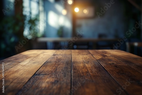 Close-up of a rustic wooden table with blurred cafe background. photo