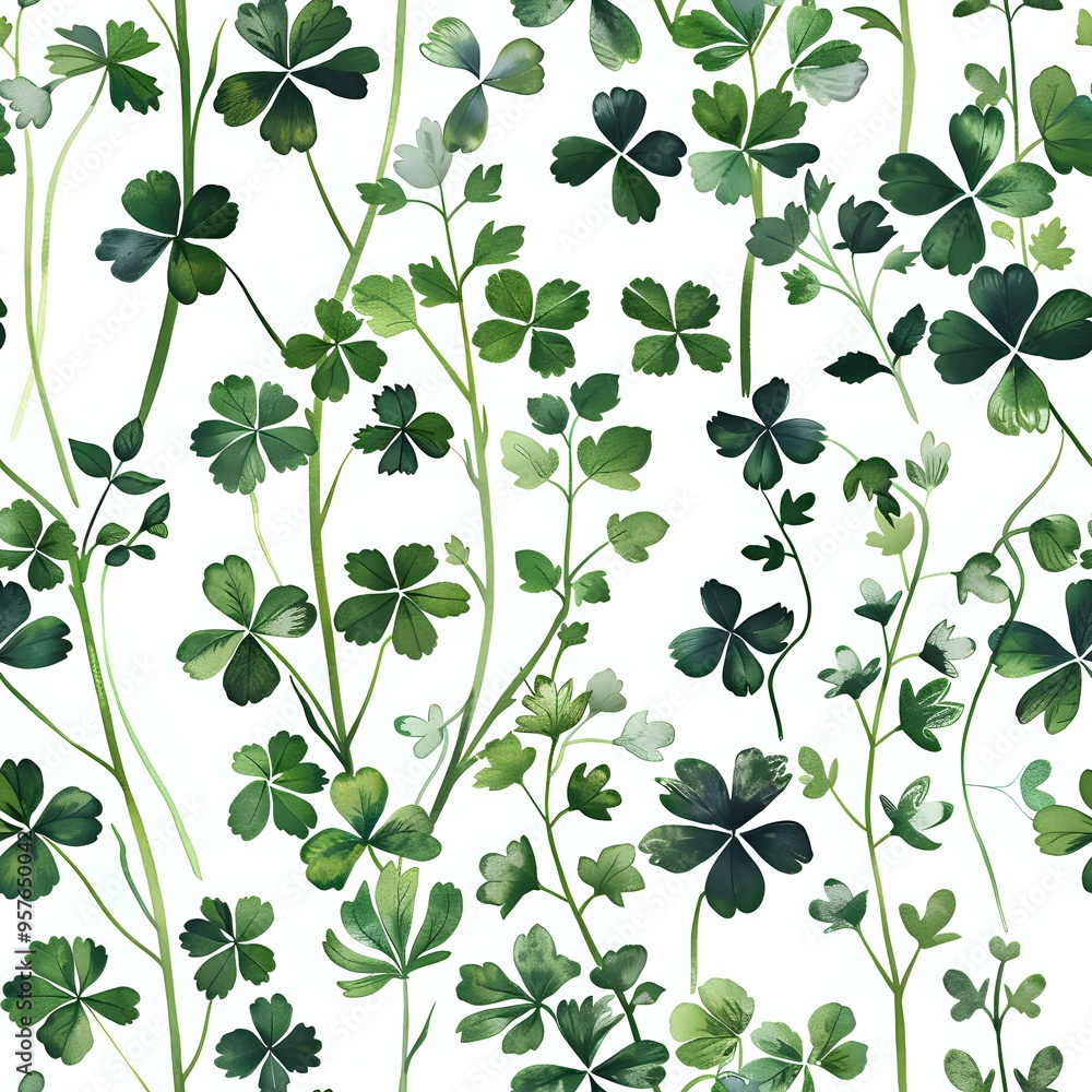 A seamless pattern of green clovers in various shades, spread across a white background. Perfect for St. Patrick's Day designs, textile prints, and nature-themed decor. A seamless pattern of green clovers in various shades, spread across a white background. Perfect for St. Patrick's Day designs, textile prints, and nature-themed decor.